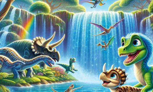 Un velociraptor di nome Rocco, con piume verdi e blu scintillanti, si trova ai bordi di una cascata magica, con gli occhi brillanti di eccitazione e un ampio sorriso sul volto. Accanto a lui, una piccola triceratopo di nome Tina, con corna delicate e pelle beige, salta di gioia, i suoi occhi scintillanti di felicità. Sullo sfondo, un brontosauro di nome Bruno, grande e amichevole, osserva la scena con un sorriso benevolo, mentre un pterosauro di nome Pino vola sopra di loro, con le ali colorate spiegate, pronto a tuffarsi. Il luogo è un'isola preistorica lussureggiante, con alberi giganti dalle foglie vibranti e fiori brillanti che brillano sotto il sole. La cascata, di un blu splendente, scorre giù per rocce scintillanti, creando un arcobaleno nell'aria. La scena principale mostra Rocco e Tina che si preparano a esprimere un desiderio davanti alla cascata, circondati dai loro amici, tutti impazienti di scoprire la magia dell'amicizia e dei desideri esauditi.