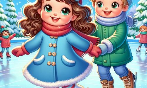 Una bambina di 3 anni, Sofia, con grandi occhi brillanti e guance rosa, indossa un caldo cappotto blu, una sciarpa rossa e guanti di lana. Ride gioiosamente mentre pattina su una pista all'aperto, i suoi capelli castani ricci che fluttuano dietro di lei. Accanto a lei, Marco, un ragazzo di 4 anni con capelli biondi e un sorriso splendente, la incoraggia tenendole la mano. Indossa una giacca verde e un berretto di lana. Sullo sfondo, un incantevole parco invernale è coperto da un spesso manto di neve scintillante, con alberi carichi di neve e bambini che giocano e lanciano palle di neve. La scena mostra Sofia che pattina con entusiasmo, mentre Marco la aiuta a mantenere l'equilibrio, il tutto sotto un cielo azzurro chiaro punteggiato di nuvole bianche.