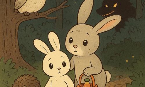 Główny bohater to mały biały pluszowy króliczek antropomorficzny, odważny lecz nieco drżący, z okrągłymi błyszczącymi oczami i długimi miękkimi uszami, trzymający mały pomarańczowy koszyk w kratkę z butelką soku z marchwi, stojący na leśnej ścieżce. Postaci drugoplanowe: matka‑króliczka — szary królik o miękkim futrze, opiekuńczy i spokojny, stoi tuż za maluchem z łapką na jego ramieniu; Apol — mały brązowy jeż o zaokrąglonych kolcach, mądry i zdeterminowany, idzie lekko przed i po lewej, węszy nosem; stara sowa o kremowym upierzeniu i żółtych przenikliwych oczach siedzi na gałązce nad ścieżką i obserwuje. W tle zasugerowany jest duży zły wilk w cieniu między krzakami — ciemna sylwetka z błyszczącymi oczami i cienkim uśmiechem, odsunięta, by tworzyć napięcie bez dosłownego zagrożenia. Miejsce: nocna leśna ścieżka z liśćmi na ziemi, czerwonymi muchomorami przy brzegu, teksturowanymi pniami drzew, świetlistą polaną w oddali i unoszącymi się żółtymi świetlikami. Sytuacja: króliczek waha się po usłyszeniu „hu‑hu”, sowa obserwuje go jak przewodnik, matka i jeż towarzyszą mu, cień wilka kryje się za krzakami — ciepła kompozycja, łagodne kolory (tony ziemi, zielenie, akcenty pomarańczy i żółci), zaokrąglone formy, lekko napięta, ale pocieszająca atmosfera.