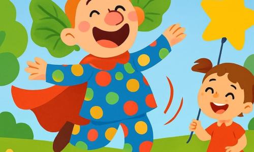 Wesoły mężczyzna o imieniu Głupotek, z rozwichrzonymi włosami i uszami w kształcie dużych liści kapusty, kręci się w powietrzu, głośno się śmiejąc. Ma na sobie kolorowy kostium w duże, wielobarwne kropki oraz pelerynę, która powiewa za nim. Obok niego stoi 6-letnia dziewczynka z warkoczami i figlarnym uśmiechem, która obserwuje go ze śmiechem, trzymając balon w kształcie gwiazdy. Tło to słoneczny park, pełen zielonych drzew, jaskrawych kwiatów i niebieskiego nieba z puszystymi chmurami. Głupotek próbuje latać, ale kręci się jak bączek, tworząc zabawną i radosną scenę.