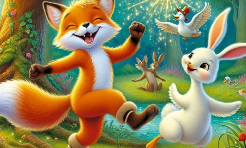 A clever little fox named Felix, with bright orange fur and a bushy tail, joyfully dances under a large oak tree, wearing a colorful magical hat that sparkles. He has a big smile on his face, showing his excitement. Next to him, a small bunny named Bella, with white fur and big ears, jumps and laughs, her eyes sparkling with joy. She also wears the hat, making her look like a funny kangaroo. In the background, a goose named Gary, with white feathers and a serious expression, watches them laugh, standing near a shimmering stream. The setting is an enchanted forest filled with vibrant trees, bright flowers, and golden light filtering through the leaves. The scene shows Felix and Bella having fun with the magical hat, dancing and laughing together, while Gary encourages them with an amused smile.