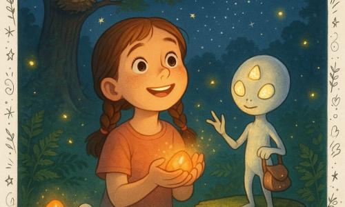 A 10-year-old girl with a round freckled face and brown braided hair, smiling with wide, amazed eyes, gently holds a small orange light-stone and looks up; beside her stands Talli, a small friendly alien with three triangular glowing eyes and pearlescent coin-colored skin, knee-height to the girl, snapping his fingers and holding a sparkling satchel on a stump; to the side, five meteors rest on an old mossy log—each a different color/texture (orange, matte silver, milky glass, hot stone, lamp-stone) with soft halos; nighttime forest clearing with a large oak and high nest, mossy ground, ferns, yellow fireflies, and a starry sky; main scene: the girl and the alien examine the meteors as silver motes rise toward a small nacreous saucer ascending, creating a magical, warm atmosphere of pastel tones and silvery glow.