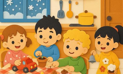 Four 3-year-old children in a warm, low child-sized kitchen: Mia, a light brown-haired girl in pigtails wearing a pink polka-dot sweater, sits left at the light wood table smiling and holding a red toy truck Sam gave her; Leo, a black short-haired boy in a sky-blue sweater, sits to Mia’s right near the frosted window planting a tiny pot with a seed; Sam, a curly blond boy in a green sweatshirt, sits center-left across the table gently pushing the truck toward Mia; Aya, a black straight-haired girl in a ponytail wearing a yellow floral dress, stands at the far right by the door ringing a small metal bell and holding a cotton pot. The scene: a cozy child-sized kitchen with steaming cocoa cups, a red-and-white checkered cloth, a small safe candle, a clear jar full of paper stars, low shelves with colorful boxes and a gray cat sleeping on the rug, frost and string lights visible outside. Main moment: the four quietly count in the new year and open the jar of paper stars, a soft festive mood with muffled laughter, handmade paper hats, cupcakes on a plate, warm candlelight and snow outside, rendered in thick-outlined, solid-color EVA foam sticker style with visible foam texture, simple rounded shapes and clear, expressive faces.