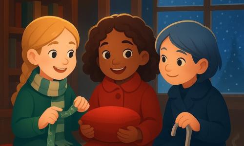 Three girls sit on a large red cushion in a cozy village library at night: Lila, about 10, center, shoulder‑length chestnut curls, red coat with big buttons, clutching a small red velvet cushion and smiling at the camera; Nora, about 9, left, blond hair in a braid, green-and-cream striped scarf, unrolling a silver-green ribbon embroidered with lyrics; Mira, about 11, right, short gray-blue hair, navy coat, one hand on a silver cane with a small bell, leaning toward her friends and smiling. Warm wooden shelves, a round window seat with a frosted window, yellow fairy lights, cream rug, simple Christmas decorations and stacked books surround them; snowflakes are visible outside and steam from hot chocolate rises on a nearby table. The girls share a recovered song—Lila holds the cushion, Nora shows the ribbon with the words, Mira listens—creating a tender, warm moment set against the cool blue of the window.