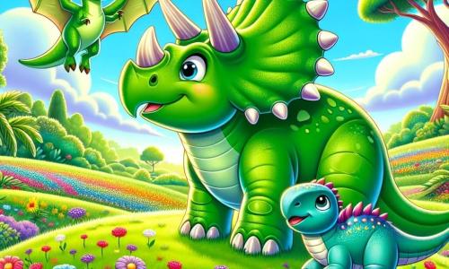 Un triceratops numit Timi, cu o piele verde strălucitoare și trei coarne majestuoase, stă în vârful unei coline, cu o privire uimitoare și fericită, înconjurat de flori colorate care dansează în vânt. Lângă el, un pterodactil numit Pipi, cu aripi mari de un albastru strălucitor și un zâmbet prietenos, zboară ușor deasupra lui Timi, observând peisajul cu curiozitate. Un ankilosaur numit Koko, cu un carapace robustă și spini pe spate, stă aproape de Timi, cu ochii strălucind de entuziasm, pregătit să-l ajute în aventură. Decorul este o vastă pajiște verde, presărată cu flori multicolore și copaci mari și majestuoși, sub un cer albastru deschis presărat cu nori pufoși. Situația principală arată cum Timi, Pipi și Koko își planifică căutarea dinozaurului legendar Stego, cu expresii de determinare și prietenie pe fețele lor.