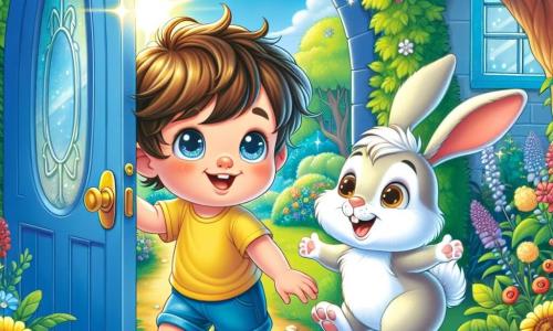 A 2-year-old boy with messy brown hair and sparkling curious eyes stands in front of a bright blue door in his garden. He wears a yellow t-shirt and blue shorts, smiling in wonder, ready to enter a magical world. Next to him, an adorable little rabbit with big ears, white fur, and brown spots hops joyfully. It looks friendly and invites the boy to follow, just a few steps from the door. In the background, the garden is filled with colorful flowers and lush trees, while a magical forest appears beyond the door, with sparkling trees and sunlight filtering through the leaves. The main scene shows the boy and the rabbit preparing to cross the blue door, eager to start their adventure in an enchanted world, surrounded by bright colors and a joyful atmosphere.