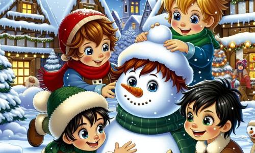 Four boys, around 10 years old, are building a large snowman. Max, with brown hair, wears a red hat that flops over his ears and smiles joyfully as he rolls a snowball. Leo, with blonde hair and a green scarf, leans down to add stones for the snowman's eyes. Finn, a boy with chestnut hair and sparkling eyes, is looking for a carrot for the nose, while Toby, with black hair and a mischievous smile, holds a stick for the arms. The setting is a picturesque village with wooden houses topped with snow, twinkling lights decorating the windows, and a large illuminated Christmas tree in the town square. The sky is a deep blue, dotted with gently falling snowflakes, creating a magical atmosphere. The boys are actively laughing and having fun together, surrounded by fresh snow, as they bring their snowman to life.