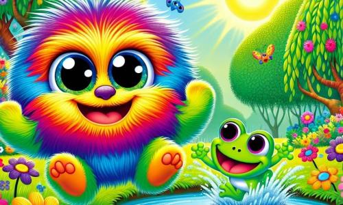 Ein kleines Tier mit weichem, buntem Fell und großen, strahlenden Augen springt fröhlich über ein Feld voller bunter Blumen, mit einem strahlenden Lächeln im Gesicht. Neben ihm taucht ein kleiner grüner Frosch mit großen runden Augen und einem breiten Lächeln begeistert in einen funkelnden Teich ein und spritzt das Wasser um sich. Der Ort ist ein wunderschöner verwunschener Garten, gefüllt mit leuchtenden Blumen, großen Bäumen mit grünen Blättern und einem Teich, der im Sonnenlicht glänzt. Die Hauptsituation zeigt das Tier und den Frosch, die zusammen spielen, lachen und ihre schöne Freundschaft am Teich feiern.