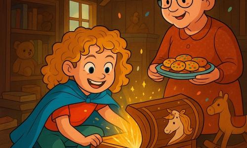 Uma menina de 8 anos, Filipa, com cabelos cacheados e dourados, usa uma capa azul feita de um velho lençol. Ela tem um grande sorriso travesso e olhos brilhantes de curiosidade. Filipa está agachada diante de uma grande caixa de madeira decorada com desenhos de unicórnios, pronta para abri-la, com raios de luz dourada saindo dela. Ao lado dela, sua avó, Vó Margarida, uma mulher idosa com cabelos grisalhos presos em um coque e óculos redondos, sorri ternamente. Ela segura um prato de biscoitos coloridos, observando sua neta com orgulho. O local é um velho sótão cheio de tesouros esquecidos: livros empoeirados, brinquedos de madeira e raios de luz filtrando por uma pequena janela. O chão está coberto de velhos tapetes coloridos. A cena principal mostra Filipa, cheia de entusiasmo, pronta para resolver enigmas divertidos para fechar a misteriosa caixa de tretas, cercada por confetes flutuantes e risadas alegres.
