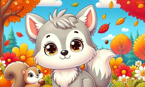 A small wolf with sparkling eyes and soft gray fur, wearing a joyful expression, stands in the middle of a colorful autumn garden, surrounded by red, yellow, and golden leaves gently falling from the trees. Next to him, a small light brown squirrel with big curious eyes and a friendly smile is gathering acorns while perched on a low branch of a tree. The garden is filled with orange and golden flowers, with round shiny pumpkins scattered on the ground under a clear blue sky dotted with fluffy white clouds. In this scene, the little wolf and the squirrel are having fun together admiring the autumn colors, while the cool breeze makes the leaves dance around them, creating a joyful and warm atmosphere.