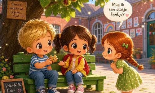 Er zijn drie personages: Noor, meisje 7 jaar, bruine paartjes, geel jasje, rood rugzakje, zit in het midden van een groene houten bank onder een grote kastanjeboom en reikt naar een stukje koek; Sam, jongen 7 jaar, kort blond haar, blauw gestreept T-shirt, zit links van Noor, houdt een gedeelde koek en glimlacht naar haar; Meisje (Mara), meisje 6 jaar, rood gevlochten haar, groene jurk met stippen, staat rechts van de bank en buigt zich beleefd voor toestemming met gevouwen handen. De plek: zonnige schoolplaats met donkergroene bladeren, licht geplaveide grond met grassprietjes tussen de tegels, een groene bank met een klein plaatje "Gedeelde Bank", rode bakstenen gebouwen en kindertekeningen op de achtergrond. Situatie: warm moment van delen — twee kinderen op de bank geven elkaar een koek terwijl de derde beleefd vraagt, zachte lichte sfeer, felle pasteltinten, overdreven gezichtsuitdrukkingen en glanzende chibi-achtige ogen met kleine fonkelende deeltjes die vriendelijkheid tonen.