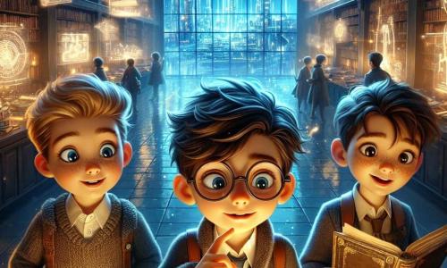 In een futuristische bibliotheek staan drie jongens van zeven jaar samen. Max, een jongen met bruin haar en ronde bril, kijkt verwonderd naar een hologram van de stad. Rechts van hem wijst Finn, een blonde jongen met sprankelende ogen, naar een verlichte kaart, zijn gezicht straalt van opwinding. Links houdt Sam, een jongen met kastanjebruin haar en sproeten, een oud boek vast, met een nieuwsgierige en vastberaden blik.

De bibliotheek is een magische plek, met grote planken vol glinsterende boeken en glazen muren die licht binnenlaten. Hologrammen zweven in de lucht en projecteren beelden van de stad Glimmerpolis, met zijn hoge gebouwen en vliegende treinen. In het midden van de kamer verlicht een groot scherm de scène, met plannen en futuristische uitvindingen.

De jongens hebben net een geheime deur ontdekt die naar een verborgen kamer leidt, waar ze de mysteries van het verleden kunnen verkennen en dromen van de toekomst van hun stad. Ze zijn klaar om in een ongelooflijk avontuur te duiken, omringd door fascinerende technologieën en oude kennis.