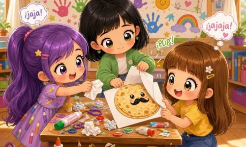 Hay tres niñas: Nora, 7 años, cabello castaño claro liso con flequillo, ojos grandes y risueños, camiseta amarilla y falda azul, agachada a la derecha de la mesa sosteniendo delicadamente un dibujo de una tortilla con pequeño bigote; Lila, 7 años, cabello largo violeta en coleta, vestido con motivos de lápices, a la izquierda de la mesa ofreciendo un pañuelo y sonriendo a la tortilla; Vega, 7 años, cabello negro corto y liso, chaleco verde y vaqueros, detrás de la mesa al centro presionando el borde del papel para despegar el dibujo. En una aula colorida con suelo de madera clara, grandes ventanas con cortinas blancas que dejan entrar luz cálida, mesas de arte con botes de pintura, pegamento, tijeras y papeles arrugados, y un panel mural con manos dibujadas, frases y un gran cartel “AMISTAD” en letras multicolores. Escena tierna y cómica: las niñas despegan con cuidado el dibujo de tortilla moustachudo pegado con cola, pequeñas risas visibles, el papel se despega con un “plip”, expresiones chibi exageradas (ojos brillantes, mejillas rosas), ambiente alegre y cómplice.