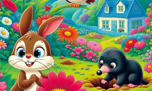 Hopsi, ein kleiner Hase mit großen Ohren und weichem, braunem Fell, sucht unter einer großen roten Blume und zeigt große Neugier und Aufregung. Neben ihm gräbt Moki, ein kleiner Maulwurf mit schwarzem Fell und funkelnden Augen, konzentriert mit seinen kleinen Pfoten im Boden. Lila, eine kleine Eule mit weißen Federn und großen runden Augen, sitzt auf einem Ast über ihnen und beobachtet die Szene aufmerksam und fröhlich. Der Ort ist ein bunter Garten, gefüllt mit leuchtenden Blumen und üppigem Grün, mit einem alten Haus mit blauem Dach im Hintergrund. Hopsi entdeckt einen versteckten Hinweis unter der Blume, während seine Freunde ihn ermutigen und bereit sind, ihm bei der Suche nach dem Schatz zu helfen.