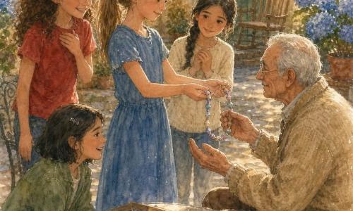 Cinque personaggi in un piccolo giardino lastricato: Viola, circa 12 anni, capelli castano chiaro in coda, al centro offre delicatamente al nonno Luigi, circa 75 anni con capelli grigi e occhiali, un collier di perle fatte di carta colorata; intorno Nina, Sara e Leila, tutte circa 12 anni, formano un cerchio protettivo con sguardi teneri e un misto di tristezza serena e calore; sullo sfondo vasetti di ortensie blu, una sedia a dondolo e una porta verde, luce dorata di fine pomeriggio, composizione centrata, colori pastello acquerellati e texture di carta e filo in primo piano.