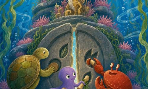 Neri, un giovane polpo dal corpo liscio violetto chiaro, occhi grandi e curiosi, sorride timidamente mentre tiene un piccolo rotolo di pergamena avvolto in alghe con due tentacoli e infila un altro in una cavità a forma di foglia su una porta di pietra; a sinistra Milla, una tartaruga marina dalla corazza consumata verde e ocra, posa con calma la sua carapace tonda in una cavità circolare, e a destra Rocco, un granchio tozzo dalla pinza robusta rosso-arancio, inserisce la sua grande chela; sullo sfondo un vecchio cavalluccio marino saggio, coronato di conchiglie, osserva seduto su un piedistallo di corallo mentre la porta della torre a spirale di roccia grigia coperta di anemoni rosa e alghe verdi comincia ad aprirsi lentamente, bolle salgono e correnti azzurre attraversano l'acqua creando un'atmosfera di meraviglia; stile gouache, colori vivaci, texture di pennello, contorni morbidi e composizione centrata sulla porta e sui tre amici.