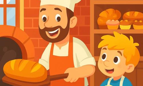 Un uomo, Marco, è un panettiere felice con un grande cappello bianco e un sorriso caloroso. Ha i capelli castani e una leggera barba, e sta sfornando una pagnotta dorata dal forno, i suoi occhi brillano di orgoglio. Accanto a lui, un ragazzo di 8 anni, Luca, con capelli biondi disordinati e occhi curiosi, indossa un piccolo grembiule. Guarda Marco con ammirazione e tiene in mano una palla di pasta, pronto ad aiutarlo. La scena si svolge in una panetteria accogliente, con muri di mattoni rossi, scaffali di legno pieni di pani e dolci colorati, e una grande finestra che lascia entrare la luce del mattino. L'atmosfera è calda e profumata di pane fresco. Marco e Luca, circondati da farina e gioia, condividono un momento di complicità preparando insieme il pane, creando un clima di felicità e amicizia.