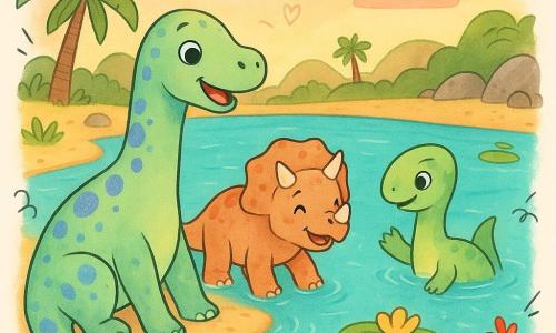 A female diplodocus named Luna, joyful and amazed, smiles with bright round eyes; pale green skin with shimmering blue and purple spots, long neck and thin tail, sitting at the edge of a turquoise lake dipping a foot in the water; Pippin, a young playful triceratops, anxious-turned-smiling, small stocky beige body with russet spots and short horns, also dips his feet and laughs nearby; a curious little iguanodon swims beside them, half-submerged by a lily, waving its limbs as if inviting them to play; the scene is a large circular crater lake with golden sandy shores, red and yellow flowers, green lily pads, smooth rocks, low palms and a pastel sunset sky—an atmosphere of joyful discovery with friendly, playful dinosaurs.