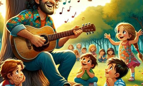 Al centro dell'immagine, un uomo di nome Luca, con capelli ricci e un grande sorriso, suona la sua vecchia chitarra sotto un grande albero. Indossa una camicia colorata e pantaloni di jeans, e il suo viso esprime gioia e passione per la musica. Alla sua destra, un ragazzo di nome Marco, di circa 10 anni, con capelli castani e occhi scintillanti, lo ascolta attentamente, le mani sulle ginocchia, pronto a cantare. A sinistra, una ragazza di nome Sara, anch'essa di 10 anni, con trecce bionde e un vestito a fiori, batte le mani a ritmo, con un grande sorriso sul volto. Il luogo è un parco verdeggiante, illuminato da una luce dorata, con fiori colorati e uccelli che cantano sugli alberi. Sullo sfondo, altri bambini sono seduti sull'erba, rapiti dalla musica. La scena principale mostra Luca che suona una melodia gioiosa, circondato dai bambini che lo ascoltano con meraviglia, creando un'atmosfera di felicità e amicizia.