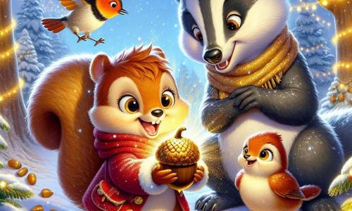 Nutty, a young squirrel with brown fur and an incredibly fluffy tail, stands at the center of the scene, his eyes sparkling with excitement and a big smile on his face, holding a shiny golden acorn in his small paws. Next to him, Penny, a little robin with bright red feathers, joyfully flies around him, her wings spread, displaying an expression of enthusiasm and curiosity. Benny, a big badger with gray fur and gentle eyes, stands a bit back, arms crossed with a look of pride, watching his friends with a warm smile. The scene takes place in an enchanted clearing surrounded by tall trees covered in sparkling snow, where string lights illuminate the landscape, creating a magical and festive atmosphere. Nutty and his friends celebrate the magic of Christmas, surrounded by laughter and joy, as the golden light of the acorn begins to shine brightly, filling the clearing with a warm and welcoming glow.