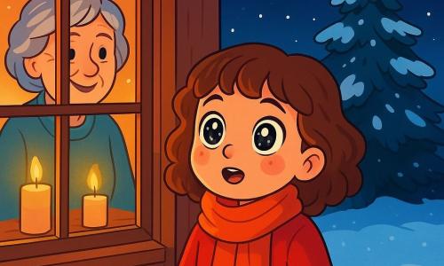 Uma menina de 8 anos, Clara, com grandes olhos brilhantes como estrelas e cabelos castanhos cacheados, está em frente a uma porta de madeira, seu rosto iluminado pelo espanto e curiosidade. Ela usa um casaco vermelho vivo e um cachecol de lã, com as bochechas rosadas pelo frio. Perto dela, sua avó, uma mulher idosa com cabelos prateados e um sorriso caloroso, está sentada perto da janela, cercada por velas acesas que projetam uma suave luz dourada, criando uma atmosfera acolhedora na sala. O jardim está coberto por uma espessa camada de neve cintilante, com um velho pinheiro majestoso no centro, suas ramas carregadas de flocos brancos. A noite é estrelada, e o céu é de um azul profundo, acrescentando à magia da cena. Clara, fascinada, vê três pequenas estrelas brilhantes que descem lentamente do céu e pousam delicadamente na neve, ao lado do pinheiro, convidando-a a aventurar-se lá fora para descobrir o mistério do Natal.