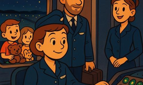 Lena jest pilotką, spokojną i skupioną, o okrągłej, uśmiechniętej twarzy, krótkich kasztanowych włosach, w granatowym mundurze z małą srebrną broszką w kształcie skrzydła; siedzi w kokpicie i sprawdza podświetlone przyrządy. Marek, około 35 lat, z lekką brodą i pasującym mundurem, stoi za Leną przy drzwiach kokpitu trzymając teczkę z dokumentami i obserwuje uważnie. Ania, stewardessa około 40 lat, włosy upięte, w mundurze kabinowym, stoi w przejściu przy drzwiach, uśmiecha się i patrzy w stronę kokpitu. Przez okno kokpitu widać chłopca około 6 lat i dziewczynkę około 4 lat, siedzą obok siebie z pluszakami, zachwyceni światłami; znajdują się w kabinie na pierwszym planie za Anią. Kokpit nocą, deski rozdzielcze podświetlone na zielono i pomarańczowo, błyszczące okrągłe przyciski, okna pokazują ciemny pas startowy z żółtymi lampami i migoczącymi gwiazdami; gładkie faktury, wyraźne kontrasty. Główna scena: Lena starannie przygotowuje przyrządy przed nocnym lotem; atmosfera spokojna, profesjonalna, ciepłe światła na tle ciemnego nieba. Styl: nasycone kolory, miękkie kontury i płynne linie w stylu rubber hose, przesadzone urocze wyrazy twarzy, łagodna, kojąca atmosfera.