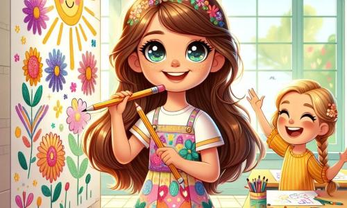 Uma menina de 6 anos, Sofia, com longos cabelos castanhos e olhos brilhantes, está diante de uma grande parede branca, com um sorriso radiante no rosto. Ela usa um vestido colorido com estampas de flores e segura um lápis na mão, pronta para desenhar. Ao seu lado, sua melhor amiga Clara, também de 6 anos, com cabelos loiros trançados e um vestido amarelo, a incentiva com um grande sorriso, segurando outro lápis. O local é uma sala de aula iluminada, com janelas que deixam entrar a luz do sol, mesas de madeira e cartazes coloridos nas paredes. No chão, folhas de papel e lápis espalhados mostram o trabalho criativo das crianças. A cena principal mostra Sofia e Clara, concentradas e felizes, desenhando juntas na parede, criando um lindo mural cheio de flores coloridas e um sol radiante, simbolizando a autoconfiança e a amizade.