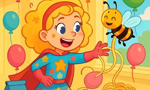 Suzy Superheldin is een jonge vrouw met een glimlach, met krullend blond haar en een kleurrijk kostuum met bloemen- en sterrenmotieven. Ze heeft sprankelende ogen en een vrolijke uitdrukking, omringd door kleurrijke ballonnen die om haar heen zweven. Benny de Bij, een blije kleine bij, vliegt rond Suzy met glinsterende doorzichtige vleugels en een ondeugende glimlach. Hij danst in de lucht, wat een vleugje magie aan de scène toevoegt. De scène speelt zich af in een zonnige, charmante keuken met pastelgele muren en een open raam dat licht binnenlaat. Op de tafel liggen kleurrijke ingrediënten verspreid, en ballonnen zweven aan het plafond, wat een feestelijke en speelse sfeer creëert. In deze situatie probeert Suzy haar superheldenkrachten te beheersen, maar in plaats van koekjes tevoorschijn te toveren, verandert ze de ballonnen in spaghetti, wat een hilarisch en onverwacht moment oplevert.