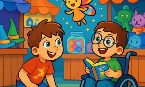 There are three characters: Max, a 7-year-old boy with sparkling blue eyes and messy brown hair, wearing a red t-shirt with a dragon and blue shorts, crouching down curiously at a small magical being; Ollie, a 7-year-old boy in a sparkling wheelchair with brown hair and round glasses, wearing a green t-shirt and jeans, joyfully smiling while holding an adventure book; and Twinkle, a tiny magical creature the size of a hand, with colorful butterfly-like wings and rabbit-shaped ears, smiling and wearing a sparkling dress, flying above Max and Ollie, guiding them. The setting takes place in an enchanted market filled with colorful stalls overflowing with color-changing hats, glowing candies, and fantastic creatures, illuminated by twinkling lights and filled with laughter, creating a joyful and magical atmosphere. The main situation shows Max and Ollie discovering Twinkle, the Fluffsprite, in the market, with Max crouched down, intrigued by the little creature flying around them, while Ollie, in his wheelchair, laughs and claps, amazed by this magical encounter.