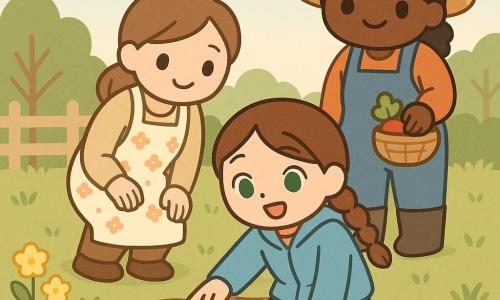 A smiling 10-year-old girl, Maya, with braided brown hair and green eyes kneels in rich brown soil wearing a sky-blue jacket and yellow rubber boots, one hand on the earth and the other pointing to a tiny green sprout emerging from the ground; behind her, her mother (about 35) with a gentle face and light brown tied hair in a floral apron crouches with hands on her knees watching kindly; nearby Farmer Anya (about 40), sturdy and sun-tanned in a straw hat, stands smiling while holding a small basket with a visible red radish; setting: edge of a field by a copse with tufts of grass, scattered yellow primroses, a pale wooden fence and a pastel spring sky with fluffy clouds; mood tender and optimistic, soft late-afternoon light, simple composition and rounded shapes.