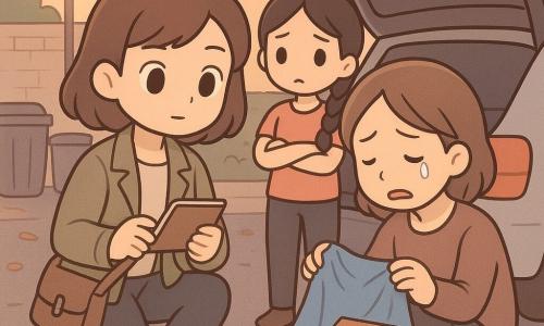Main woman: Mara, a young detective, calm focused expression, large bright eyes, chin-length chestnut hair, light khaki jacket, kneeling by a car trunk holding a notebook and a small bag with a sealed blue thread. Secondary girl: Talia, about 12, dark braided hair, worried honest face, arms crossed, standing by the rear left door. Secondary woman: Renee, about 35, tired tearful face, trembling hand holding a partly unfolded large blue cloth revealing the corner of a wooden frame, crouched by the trunk's right side. Setting: community center back lot at dusk, wet asphalt with damp leaves, two grey bins, low vegetation and cream brick wall with a beige service door. Main situation: gentle slightly tense discovery—Mara finds a stolen frame wrapped in blue cloth in the trunk, warm lamppost light casts soft shadows, atmosphere of kind suspense. Graphic style: pastel colors, clean rounded lines, tender exaggerated expressions, simple textures (crumpled cloth, wood frame, droplets on asphalt), composition centered on the trio and the small visible corner of the frame.
