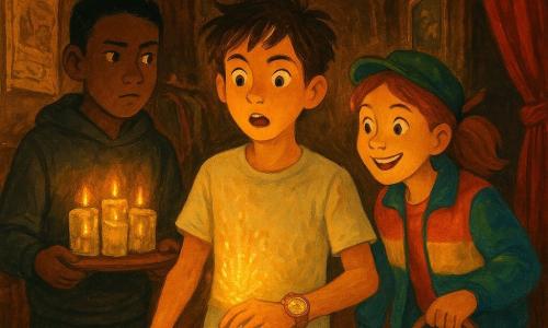 Three children — Milo, an 11-year-old boy with tousled brown hair, a light tee and worn trousers, stands center with a gleaming brass watch on his left wrist, face awed as a golden glow rises from the watch; Zara, an 11-year-old girl with hair tied with a pencil, a colorful jacket and small cap, stands to his right, leaning in with a market basket, smiling with bright eyes; Tomas, an 11-year-old taller boy with short hair and a dark sweatshirt, stands left holding a tray of glass candles, wary but curious — all in a dim old wooden theatre corridor lined with faded posters, costume shelves, smoky glass candles on consoles, crumpled red velvet curtains and rigging; the brass watch emits golden sparks and a heatlike ripple in the air as the corridor seems to transform into an old theatre stage.
