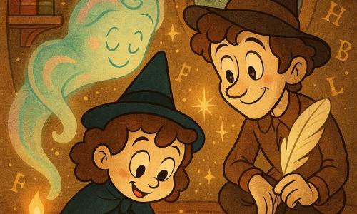 A protagonista é uma aprendiz de bruxa de 7 anos, cabelos castanhos cacheados, expressão determinada e maravilhada, com uma capa curta azul‑noite; ela toca com a ponta dos dedos um símbolo lunar luminoso no chão. Um vidente jovem (~25 anos), chapéu torto, olhos avelã e sorriso tímido, ajoelhado ao lado dela segurando uma pena brilhante e olhando o símbolo. O Sopro do Alívio aparece como um fôlego translúcido em espiral, tons pastel (azul‑pálido e prata), que acaricia o ombro dela e espalha brilhos. Cena numa pequena câmara secreta atrás de um espelho oval: paredes com letras douradas flutuantes, estante de madeira com livros vermelhos e verde‑musgo, janela redonda sob chuva e chão de tábuas polidas. A menina repara um símbolo em forma de crescente com uma fita azul no traço faltante; uma vela de canela ilumina o rosto e palavras‑luz flutuam como lanternas, atmosfera quente, cores ricas e contrastes suaves.