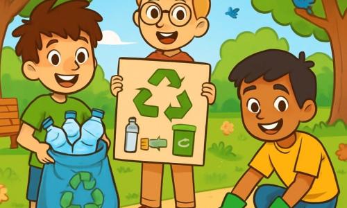 Há 3 personagens: - Miguel: Menino de 10 anos, com cabelos castanhos bagunçados e olhos brilhantes. Ele usa uma camiseta verde e um short azul, segurando um saco de reciclagem cheio de garrafas plásticas. - Tomás: Menino de 10 anos, com cabelos loiros e óculos redondos. Ele está vestido com uma camisa xadrez vermelha e uma calça bege, orgulhosamente mostrando um cartaz de papelão com desenhos sobre reciclagem. - Lucas: Menino de 10 anos, com cabelos pretos e um sorriso radiante. Ele usa uma camiseta amarela e jeans, agachado recolhendo lixo com luvas de jardinagem. O cenário é um parque verde, cheio de árvores majestosas, flores coloridas e gramados bem cuidados. A situação principal mostra os três amigos sorridentes e determinados, limpando o parque. Miguel recolhe lixo, Tomás explica a importância da reciclagem para outras crianças, enquanto Lucas demonstra como separar os resíduos. A atmosfera é alegre e dinâmica, repleta de energia positiva e compromisso com a ecologia.