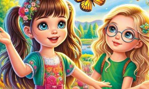 Uma menina de 10 anos, chamada Lia, está no centro da imagem, com os olhos brilhando de maravilha. Ela tem cabelos longos e castanhos, presos em dois coques, e usa um vestido colorido com estampas florais. Lia estende a mão em direção a uma linda borboleta amarela que voa perto dela, com um sorriso radiante no rosto. Ao seu lado, Sofia, outra menina de 10 anos, com cabelos loiros e óculos redondos, observa a borboleta com curiosidade. Ela veste uma camiseta verde e um short de jeans, segurando um pequeno caderno nas mãos, pronta para anotar. O cenário é um parque primaveril vibrante, com flores de todas as cores, árvores floridas e um céu azul claro com nuvens brancas. Borboletas dançam ao redor, acrescentando magia à cena. A situação principal mostra Lia e Sofia maravilhadas com a beleza da natureza, fascinadas pela borboleta que voa entre as flores, simbolizando a alegria e a descoberta da primavera.