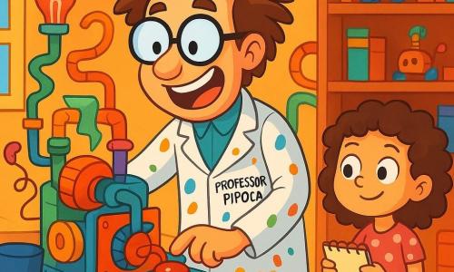 Um homem, o professor Pipoca, está no centro da imagem. Ele tem cabelos desgrenhados, óculos deformados e usa um jaleco branco cheio de manchas coloridas. Seu rosto expressa grande excitação, com olhos brilhantes e um largo sorriso. Ele está montando uma máquina maluca, cercado por peças estranhas como um suporte de chapéu e um patins.

Ao lado dele, uma menina de cerca de 8 anos, com cabelos cacheados e um vestido de bolinhas, observa com admiração. Ela segura um pequeno caderno nas mãos, pronta para anotar as ideias do inventor.

O laboratório é uma sala caótica, cheia de gadgets, tubos coloridos e livros espalhados. Prateleiras de madeira transbordam de brinquedos e invenções inacabadas, enquanto uma janela deixa entrar a luz do sol, iluminando a cena.

Nesta situação, o professor Pipoca está prestes a pressionar um grande botão vermelho da sua máquina, ansioso para descobrir se sua invenção fará todos rirem.