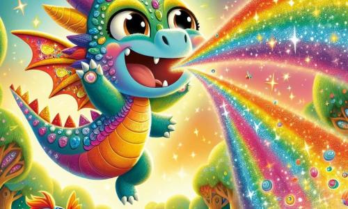 Un pequeño dragón llamado Brillito, con escamas multicolores brillantes como un arcoíris, vuela alegremente en el cielo, con los ojos brillando de felicidad. Está estornudando un arcoíris luminoso, creando una explosión de colores vibrantes a su alrededor. A su lado, Tico, un pequeño pícaro con grandes orejas y cabello brillante, salta de alegría con los brazos levantados hacia el cielo, sonriendo. Lleva una túnica colorida que brilla bajo el sol, admirando el espectáculo de Brillito. El escenario es un reino mágico, con árboles de hojas brillantes y un cielo azul salpicado de nubes en forma de caramelos. A lo lejos, un río de luz dorada serpentea a través de un campo de flores cantantes, añadiendo un toque de magia. La escena principal muestra a Brillito estornudando un arcoíris, iluminando el cielo con colores vivos, mientras Tico lo anima con entusiasmo, creando una atmósfera de alegría y amistad.