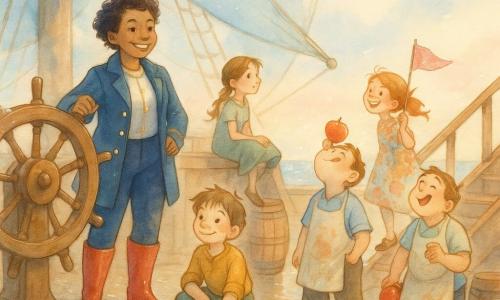 Captain Molly, radiant and confident with a wide smile, short curly hair, and shiny red boots, stands hand on the wheel in a navy captain’s jacket with gold buttons, greeting the gangway warmly; Pip, about seven, with tousled hair and a cute cheek scar, kneels by a neatly coiled rope; Daisy, about ten, slim with a light braid, perches near the mast humming and scanning the horizon; Tommy, about twelve, sturdy with a jam-stained apron, balances an apple on his nose by the barrels, making the crew laugh; a young guest in a colorful dress waves a small pink flag as she boards smiling; the smooth wet wooden deck, azure sails, barrels, rigging, gulls, and a diamond-like sea show the calm and camaraderie after the storm, rain traces still glinting in the returning sun.