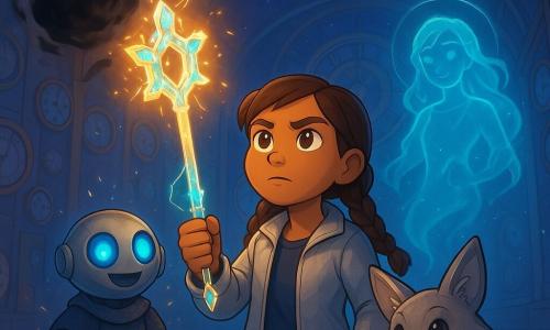 Lyra, 10 Jahre, entschlossener und erstaunter Blick, braune Zöpfe, leichte silberne Jacke, hält vor einer sich auflösenden schwarzen Sphäre einen großen leuchtenden Schlüssel aus Kristallen und Lichtfäden, steht mutig, warmes Licht im Gesicht; links von ihr Tink, kleiner runder Roboter-Zauberer, poliertes Metall, blaue LED-Augen, texturierter Mantel, vibriert und sprüht Funken; hinter ihr rechts Sanja, weiblicher Geist, transluzent cyan-blau, wirbelnde Energieschichten, leuchtender Halo; im Vordergrund neben Lyra Fen, sprechender Fuchs, klein, silbernes Fell, schelmische Augen, aufgerichtete Ohren, Schwanz um die Pfoten gelegt; Ort: große Halle des Sternenheiligtums mit poliertem Kristallboden, Wände voller funkelnder Uhren, zentraler Sternenuhr aus Metall und Glas, durchsichtiges Gewölbe mit violett-blauem Nebelhimmel; Szene: visuell-emotionale Konfrontation — Lyra und Freunde benutzen den leuchtenden Schlüssel der Dankbarkeit, um die schwarze Dark Nova aufzulösen; starke Kontraste zwischen wirbelnden Schatten und farbigen Strahlen, episch aber warm, zentrierte Komposition, dramatische Gegenlichtbeleuchtung; Stil: gesättigte Farben, scharfe Texturen, weiche Volumen, Reflexe auf Metall und Kristall, gut lesbare Mimik, kindlich-science-fantasy Atmosphäre.
