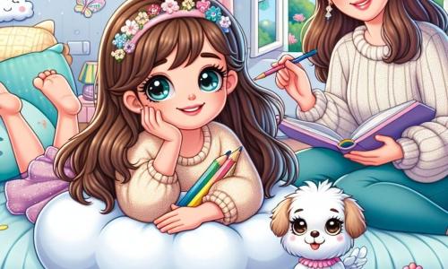 Una niña de 6 años, Lucía, con largos cabellos castaños y ojos llenos de curiosidad, está acostada en su cama, rodeada de cojines en forma de nubes. Sonríe con asombro, sosteniendo un lápiz de colores en su mano, lista para dibujar su jardín mágico. A su lado, su mamá, una mujer de unos treinta años con cabello castaño y una sonrisa dulce, está sentada al borde de la cama, mostrándole un libro de cuentos. Lleva un suéter cómodo y parece llena de amor y ternura. En un rincón de la habitación, Copito, un pequeño perro blanco de ojos traviesos, juega con un peluche en forma de flor, añadiendo alegría a la atmósfera. La habitación está decorada con paredes en tonos pastel, calcomanías de hadas y flores, y una ventana abierta deja entrar la luz del sol, iluminando la escena. Lucía imagina un mundo mágico donde los medicamentos son pociones de colores y puede volar con alas de hada, transformando su realidad en una aventura llena de colores y risas.