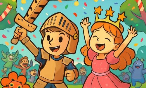 Er zijn 2 hoofdpersonages: - Joris: een 8-jarig jongen, gekleed in een glanzend kartonnen harnas, met een papieren helm en een vastberaden glimlach. Hij houdt een grote kartonnen zebra vast als zwaard. - Lotte: een 7-jarig meisje, gekleed als prinses in een glinsterende roze jurk met een sterrenkroon. Ze danst vrolijk met haar armen omhoog naar de lucht. De twee vrienden staan in het midden van een groot feestelijk veld, omringd door kleurrijke bloemen die zingen, onder een blauwe lucht vol snoepvormige wolken. Lichtjes hangen in de suikerrietbomen. Op de achtergrond dansen en lachen kinderen en fantastische wezens, wat een vrolijke en magische sfeer creëert. De hoofdscène toont Joris en Lotte midden in het Carnaval, lachend en dansend samen, omringd door hun nieuwe dierenvrienden, terwijl kleurrijke confetti uit de lucht valt, wat de magie van dit onvergetelijke moment versterkt.