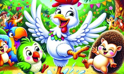 Una gallina di nome Pina, con piume bianche brillanti e un grande sorriso gioioso, balla entusiasta al centro di una festa colorata, con le ali spiegate e le zampe sollevate, schizzando acqua saltando in un piccolo stagno. Accanto a lei, un pappagallo di nome Giacomo, con piume verdi e gialle, imita suoni divertenti con un'aria birichina, mentre un piccolo riccio di nome Rocco, con le sue spine marroni, rotola felicemente intorno a loro, ridendo di cuore. La scena si svolge in un villaggio vibrante, circondato da alti palme e un grande albero di mango, dove fiori vivaci aggiungono tocchi di colore all'ambiente. Sullo sfondo, animali della giungla ballano e si divertono, creando un'atmosfera festosa e gioiosa, mentre Pina e i suoi amici celebrano la loro amicizia con risate e canti.