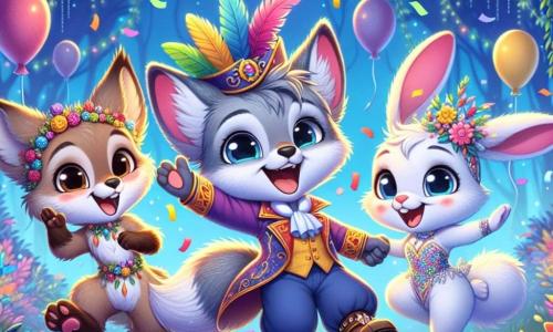 Un lup mic pe nume Lupu, cu blană moale și gri, ochi strălucitori și un zâmbet larg, dansează vesel la carnaval, îmbrăcat într-un costum colorat de pirat cu o pălărie cu pene. Lângă el, o veveriță mică pe nume Săndica, cu blană maronie și o coadă pufoasă, poartă o rochie de zână strălucitoare și aruncă confetti în aer, radiante de fericire. Un iepure mic pe nume Miki, cu urechi mari și blană albă, li se alătură sărind, purtând o pălărie de carnaval și afișând un zâmbet strălucitor. Decorul este o pădure fermecată, plină de copaci cu frunze multicolore, ghirlande luminoase suspendate și baloane plutind în cerul albastru, creând o atmosferă festivă și magică. Scena îi arată pe Lupu, Săndica și Miki distrându-se împreună, înconjurați de râsete și culori, celebrând prietenia și bucuria carnavalului.