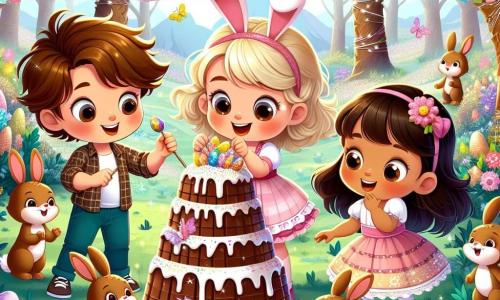 En un mundo mágico de Pascua, cuatro niños están en el centro de un claro de un bosque encantado. Lucas, un niño de siete años con el cabello castaño desordenado y una brillante sonrisa, decora un árbol de chocolate con cintas de colores. A su derecha, Sofía, una niña de cabello rubio y ojos brillantes, cuenta una historia a los conejitos que la escuchan atentamente. A la izquierda, María, con cabello castaño y un vestido rosa, baila alegremente con conejitos de chocolate que saltan a su alrededor. Finalmente, Pedro, un niño de cabello negro y gafas redondas, hace trucos de magia con huevos de Pascua que aparecen y desaparecen en sus manos. El lugar está lleno de árboles gigantes de chocolate, con ríos de caramelo que serpentean entre arbustos de caramelos. Flores multicolores y mariposas brillantes añaden magia al lugar, bajo un cielo azul brillante que ilumina la escena. Los niños y los conejitos están preparando un espectáculo de Pascua, rodeados de decoraciones coloridas y un ambiente festivo, todos unidos en la alegría y la emoción de esta aventura mágica.
