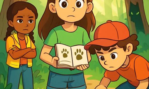 Una niña de 12 años, Clara, con largos cabellos castaños y ojos llenos de curiosidad, se encuentra en el centro de la escena, con aire decidido y algo preocupada. Lleva una camiseta verde claro y un short de mezclilla, sosteniendo una libreta abierta en sus manos, donde se pueden ver dibujos de huellas. A su lado, su amigo Mateo, un niño de 11 años con cabello rizado y una gorra roja, observa atentamente el suelo, inclinado hacia adelante, con una expresión concentrada. Sira, una niña de 12 años con trenzas y un chaleco amarillo, se mantiene un poco más atrás, con los brazos cruzados y una expresión reflexiva. La escena ocurre en un claro del bosque, rodeada de grandes árboles con troncos gruesos y hojas verdes brillantes, con rayos de sol filtrándose entre las ramas, creando patrones luminosos en el suelo. A lo lejos, se ve una silueta oscura, el Gran Lobo, escondido detrás de un árbol, con ojos brillantes observando al grupo. Clara y sus amigos están investigando las misteriosas huellas dejadas en la tierra, tratando de descubrir la verdad detrás de los rumores del Gran Lobo, mientras se mantienen cautelosos y en silencio para no asustar a los animales del bosque.