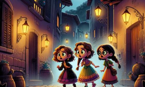 Tres chicas valientes se encuentran en el centro de una calle oscura y misteriosa: Julia, una niña de nueve años con cabello rizado castaño y ojos brillantes de curiosidad, observa fijamente una sombra moviéndose en la pared; Clara, también de nueve años, tiene trenzas rubias y lleva un vestido colorido, señala la sombra con una mezcla de emoción y aprensión; finalmente, Sofía, la más pragmática, tiene el cabello lacio y negro y usa gafas redondas, se mantiene un poco atrás con los brazos cruzados, pero su mirada es decidida. El lugar es una calle estrecha del pueblo de Valle Oscuro, donde las farolas parpadean, proyectando sombras danzantes sobre los adoquines húmedos. Las casas antiguas, con sus contraventanas de madera y techos de tejas, parecen observar a los niños, mientras que los árboles de ramas torcidas se alzan como siluetas amenazantes en la noche estrellada. La situación principal muestra a las tres chicas frente a una sombra misteriosa que se mueve en la pared, creando una atmósfera intrigante y ligeramente aterradora. Las expresiones en sus rostros revelan una mezcla de miedo y determinación mientras se preparan para enfrentar lo desconocido juntas.