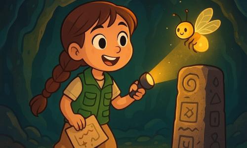 Lía, una joven exploradora de unos 10 años, está en el centro de la imagen. Tiene el pelo largo y castaño trenzado, ojos llenos de curiosidad y una sonrisa alegre. Lleva un chaleco verde de exploradora, pantalones beiges y botas robustas. Sostiene un mapa en una mano y una pequeña linterna en la otra, mirando maravillada un hito de piedra antiguo grabado con símbolos misteriosos. A su lado, Chispa, una luciérnaga brillante, vuela a su alrededor, emitiendo una suave luz dorada. El escenario es una caverna mágica, con paredes de piedra lisas y brillantes, estalactitas que caen del techo y un suelo cubierto de pequeñas piedras y musgo verde. La situación principal muestra a Lía explorando la caverna, fascinada por el hito de piedra que acaba de descubrir, llena de entusiasmo y determinación para entender los secretos de este lugar encantador.