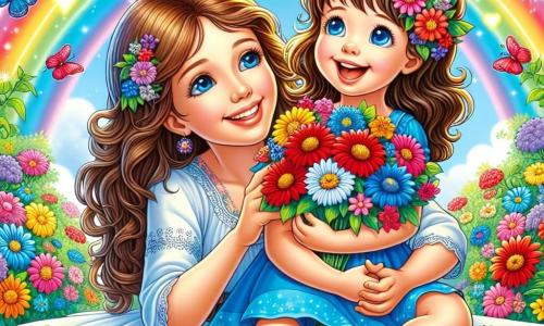A 4-year-old girl named Lily, with sparkling blue eyes and curly brown hair, is sitting in a colorful garden surrounded by vibrant flowers. She has a joyful smile on her face, holding a large bouquet of red, blue, and yellow flowers that shine in the sun. Next to her is her mother, a woman in her thirties with long brown hair, wearing a light dress and tenderly smiling at her daughter while embracing her. The garden is a true rainbow, filled with brightly colored flowers, with a large, shining rainbow stretching across the blue sky. Colorful butterflies fly around them, adding a touch of magic to the scene. Lily and her mother are discovering the magical flowers of the garden together, with Lily laughing as she smells the flowers while her mother explains how each color can help her feel better.