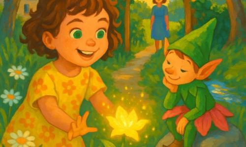 Una bambina di 6 anni, Livia, radiosa e curiosa con capelli castani corti e ricci e occhi verdi, in un vestito giallo a fiori sorride tendendo la mano verso una piccola creatura fatata chiamata Fiorello, dal viso malizioso, cappello verde a punta e abito di petali rosa, seduto su una pietra alla sua destra che le parla inclinando la testa; sullo sfondo una madre di circa 30 anni vicino a una casa di pietra osserva la scena dal sentiero; il luogo è un sentiero stretto fiancheggiato da margherite e erbe alte che conduce a un cancello di legno coperto di edera e fiori fosforescenti, con alberi nodosi e un ruscello scintillante; momento di meraviglia al confine di un giardino magico, luce calda del tardo pomeriggio, colori vivaci, texture da pittura acrilica, ombre morbide e polvere dorata nell’aria, stile infantile con dettagli semplici e composizione centrata sul rapporto tra la bambina e il folletto, atmosfera sicura e invitante.