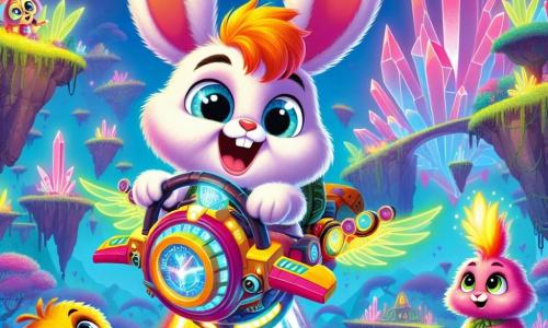 Reginald, an adorable rabbit with big ears and soft, silky fur, stands at the center of the image, his eyes shining with excitement and a wide smile on his face. He is piloting his gadget, the Bunny Blaster 3000, a colorful contraption with feathered wings and sparkling lights, soaring into the air. Next to him, Professor Wobblefluff, a furry creature with three eyes and a bushy tail, looks at Reginald with admiration, his eyes sparkling with pride, while holding a magic map in his paws. The setting is a fantastical landscape with brightly colored floating islands, neon-leaved trees, and a starry sky. In the background, the Great Crystal shines brightly, casting beams of light that illuminate the scene. The main action shows Reginald racing through the air, defying gravity, as curious creatures watch him in awe, creating an atmosphere of adventure and magic.